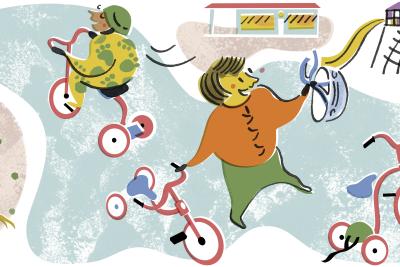 Piirroskuva, jossa kanoja, leikkiviä lapsia ja polkupyöriä.