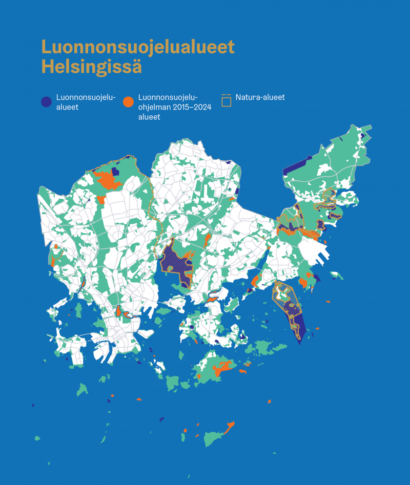 Luonnonsuojelualueet Helsingissä: Luonnonsuojelualueiden osuus maapinta-alasta on tällä hetkellä 2,2 prosenttia ja vesipinta-alasta 0,95 prosenttia. 