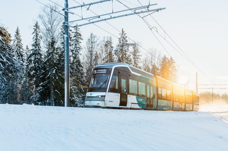 Light rail tram on a winter day.