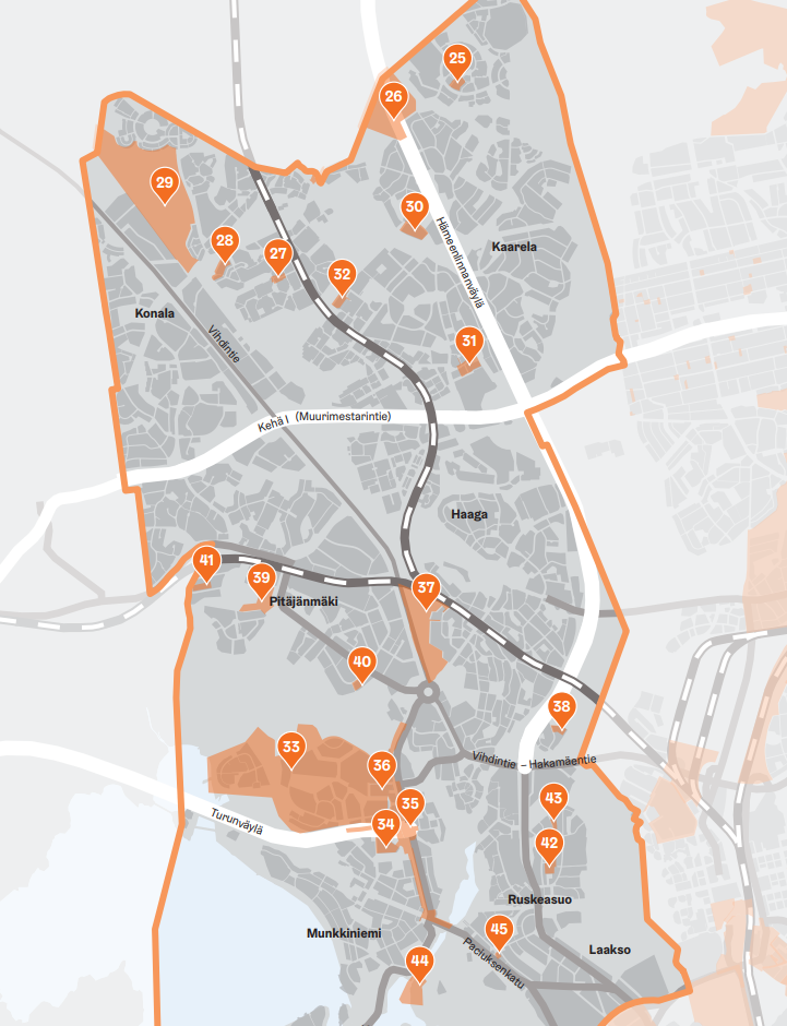 Länsi-Helsingin kartta, jolle on merkitty katsauksessa mainitut asemakaavahankkeet.