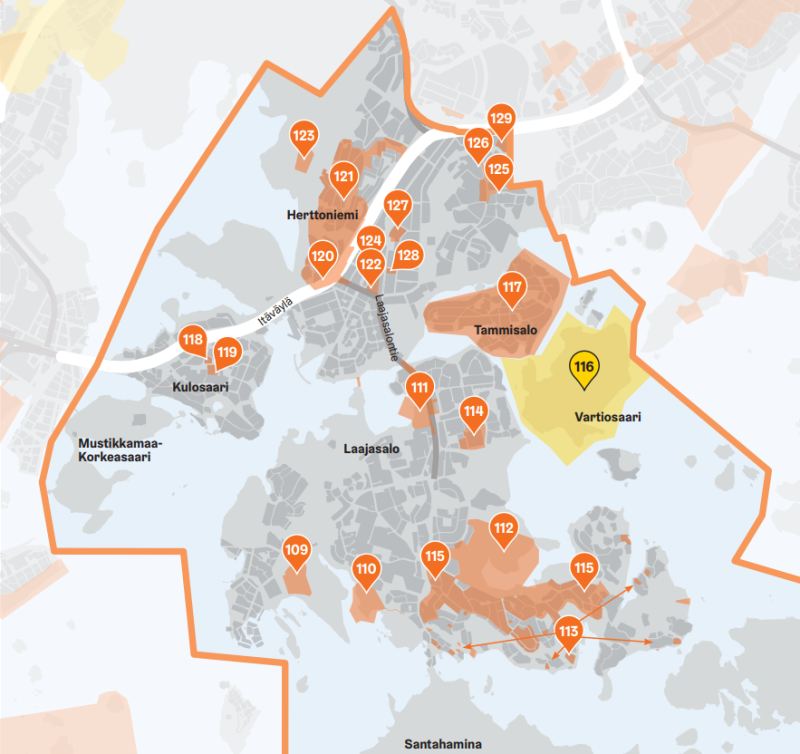 Kaakkois-Helsingin kartta, jolle on merkitty katsauksessa mainitut asemakaava- ja osayleiskaavahankkeet.